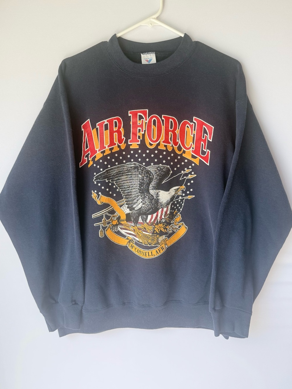 Vintage 1980s Jostens Navy Blue USAF McConnell AFB Eagle Graphic Crewneck  L